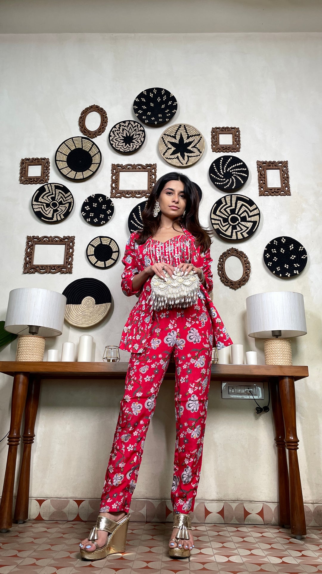 RED PRINTED PANT SUIT