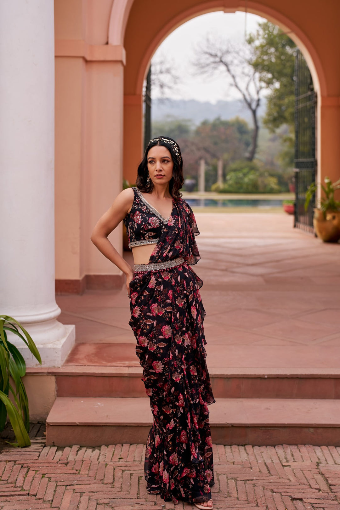 Black Printed Saree With Blouse And Belt