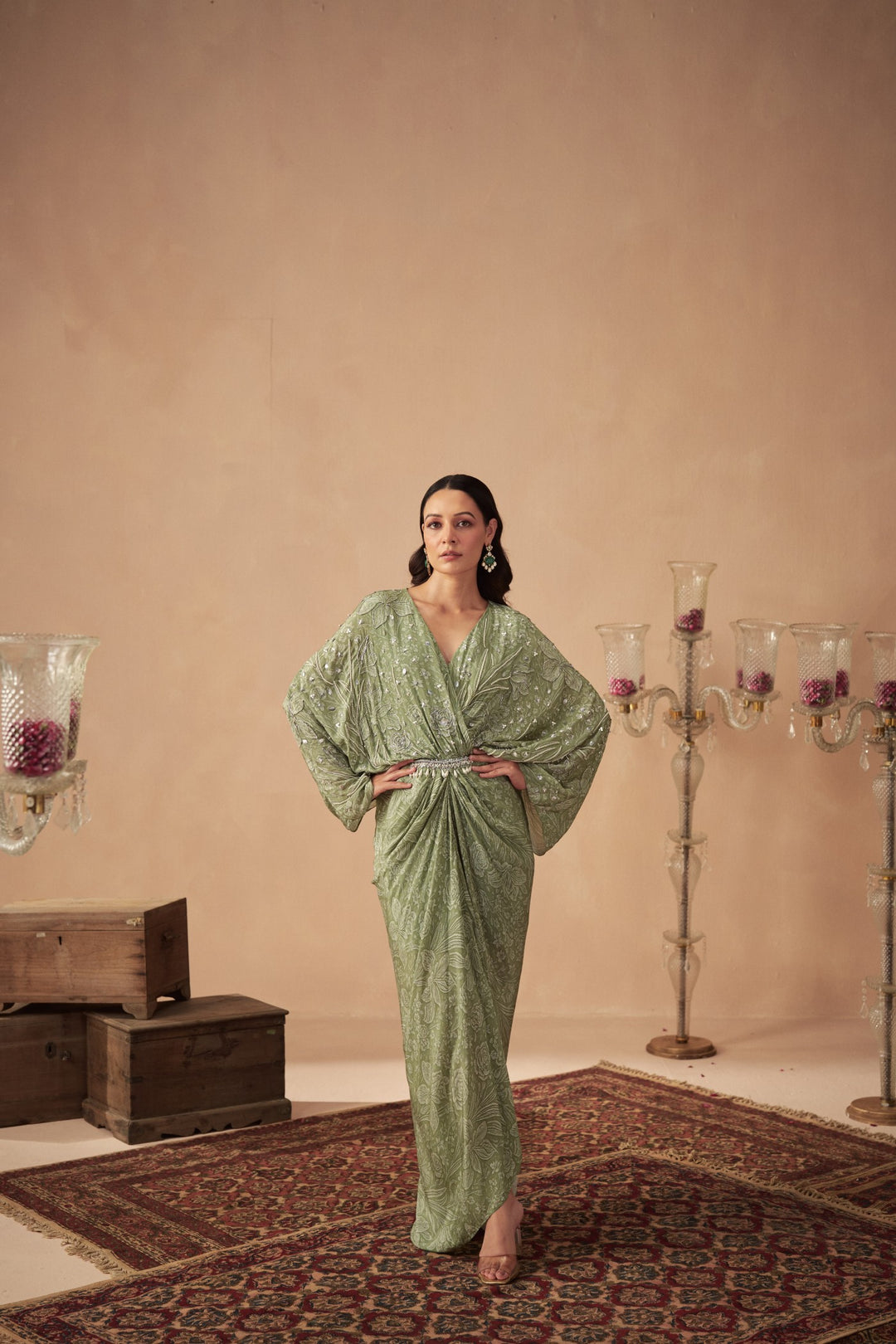 Sage Meadow Green Draped Kaftan Dress