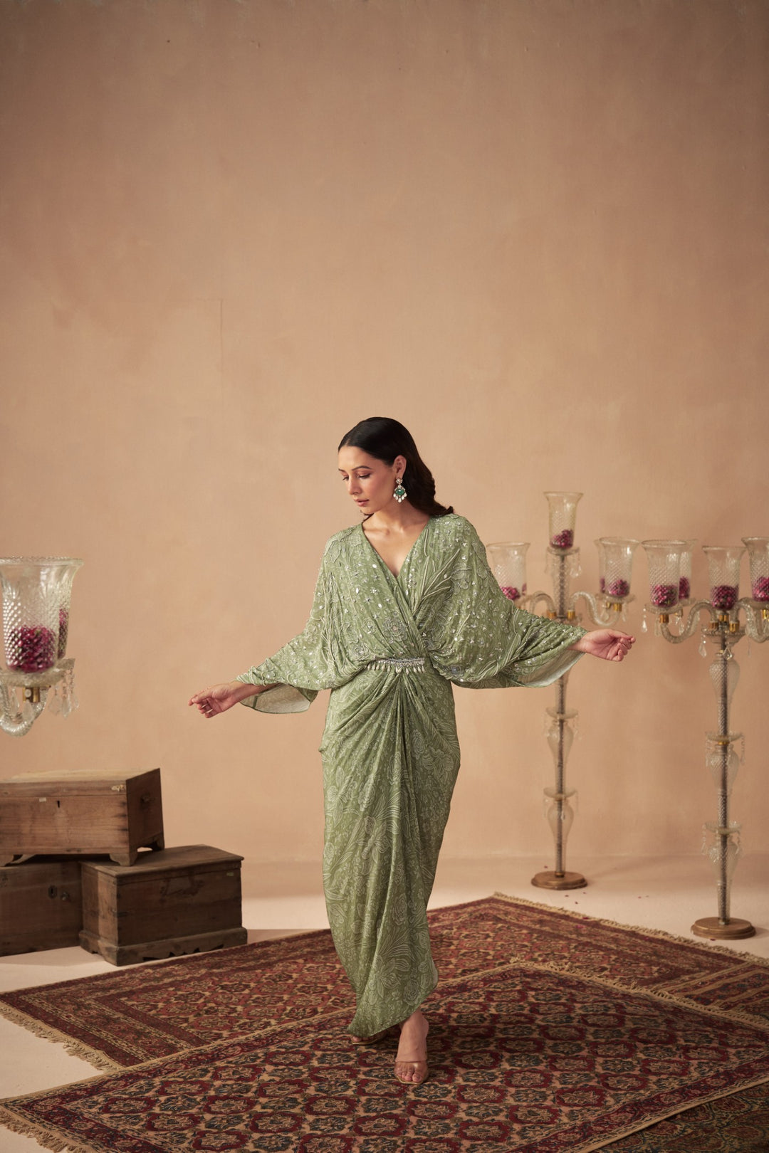 Sage Meadow Green Draped Kaftan Dress