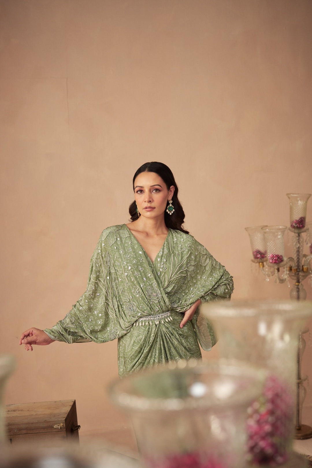 Sage Meadow Green Draped Kaftan Dress