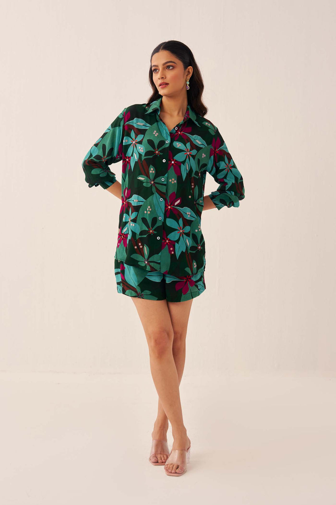 Green Tropical Shorts Set