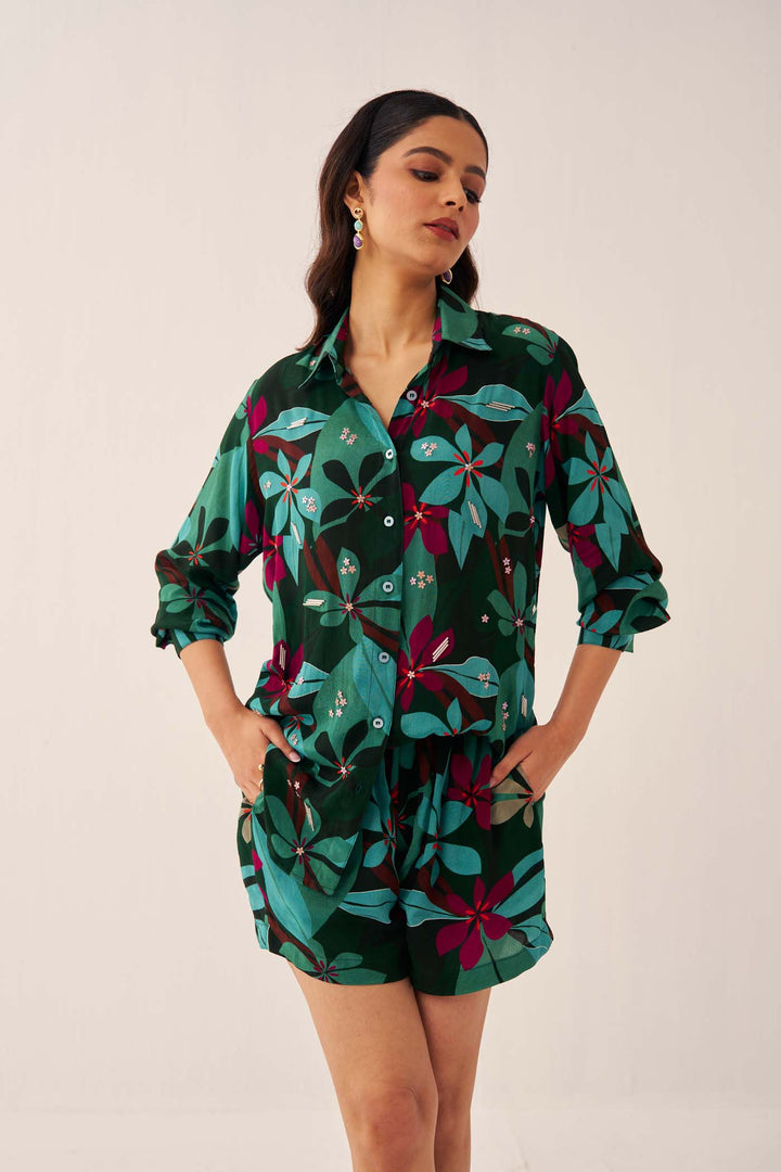 Green Tropical Shorts Set