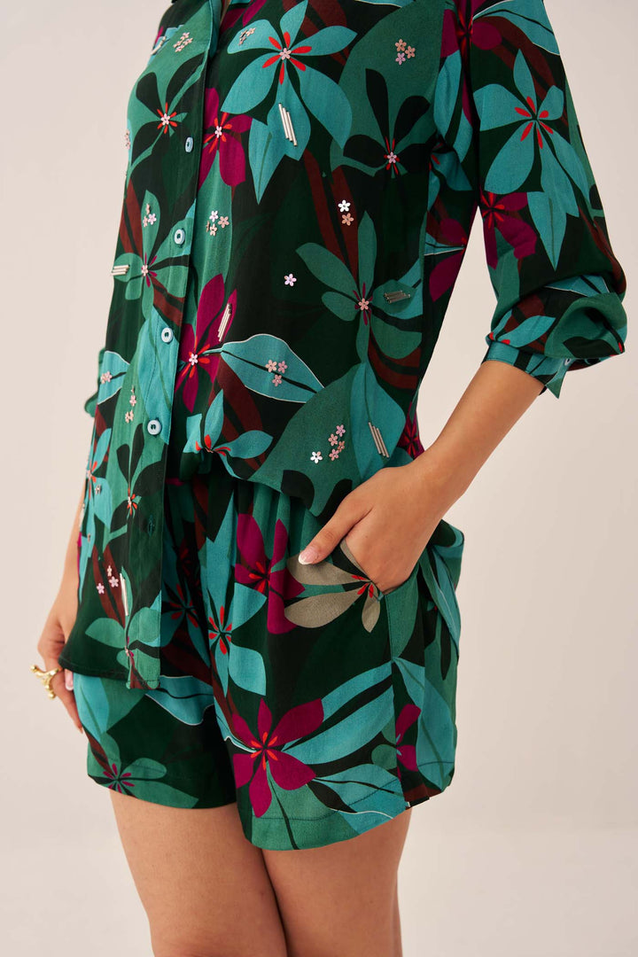 Green Tropical Shorts Set