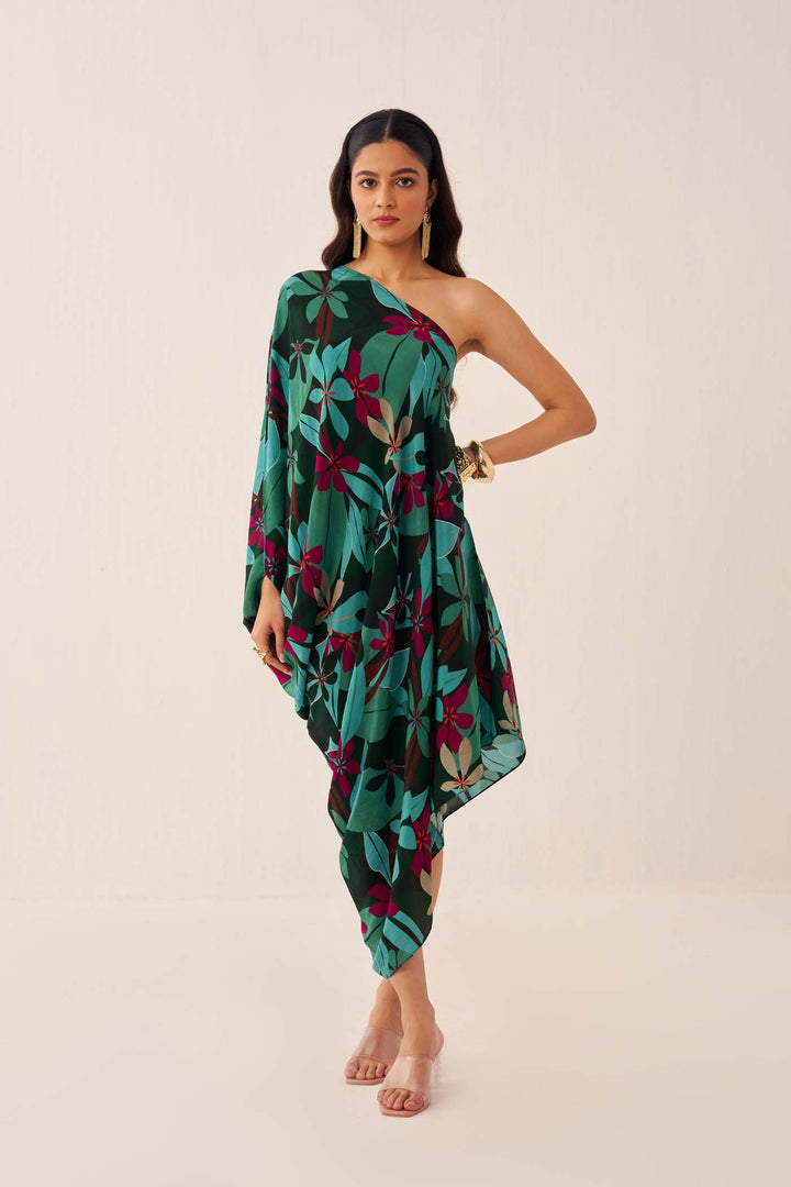 Green Tropical One-Shoulder Cowl Dress