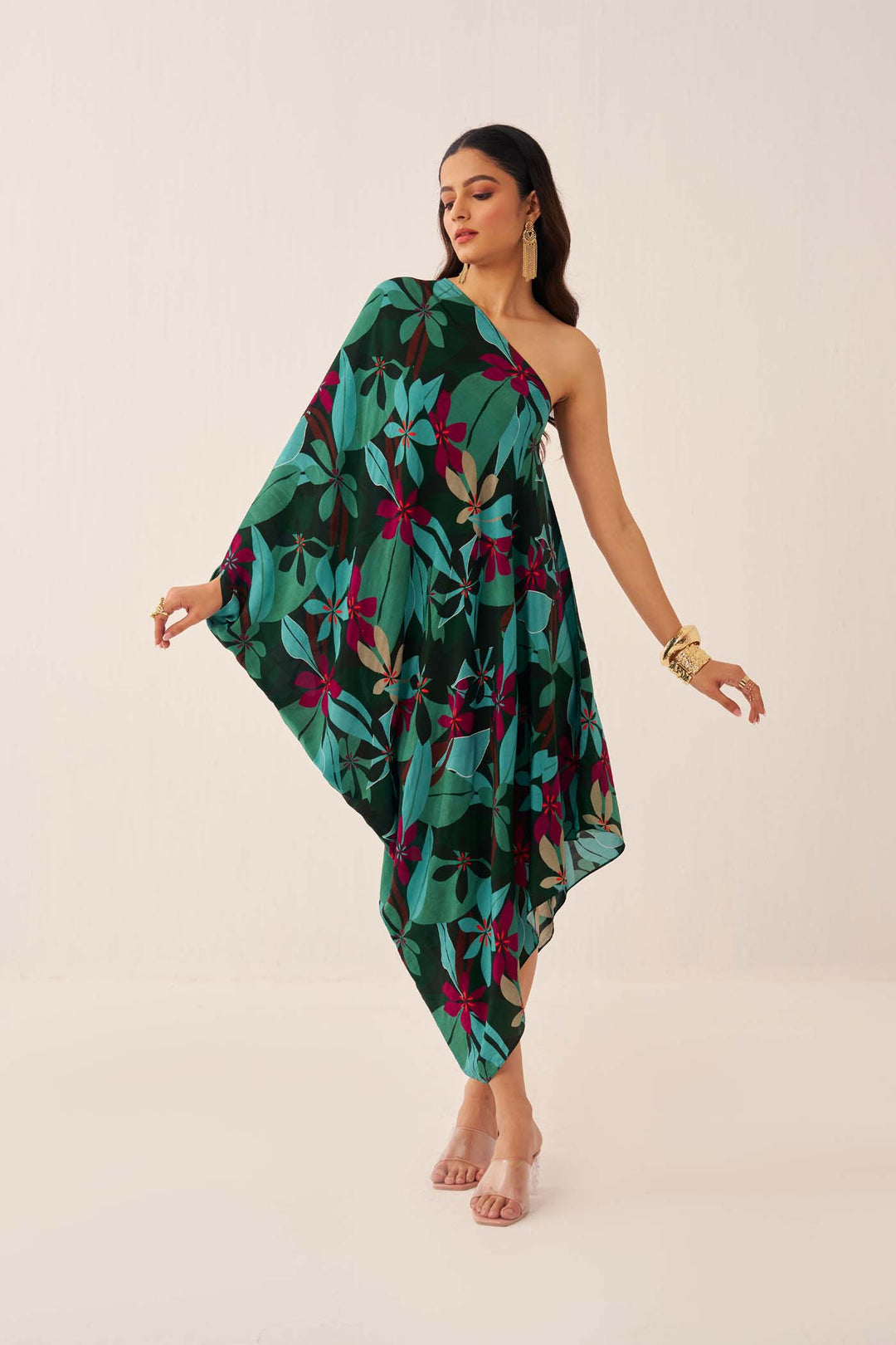 Green Tropical One-Shoulder Cowl Dress