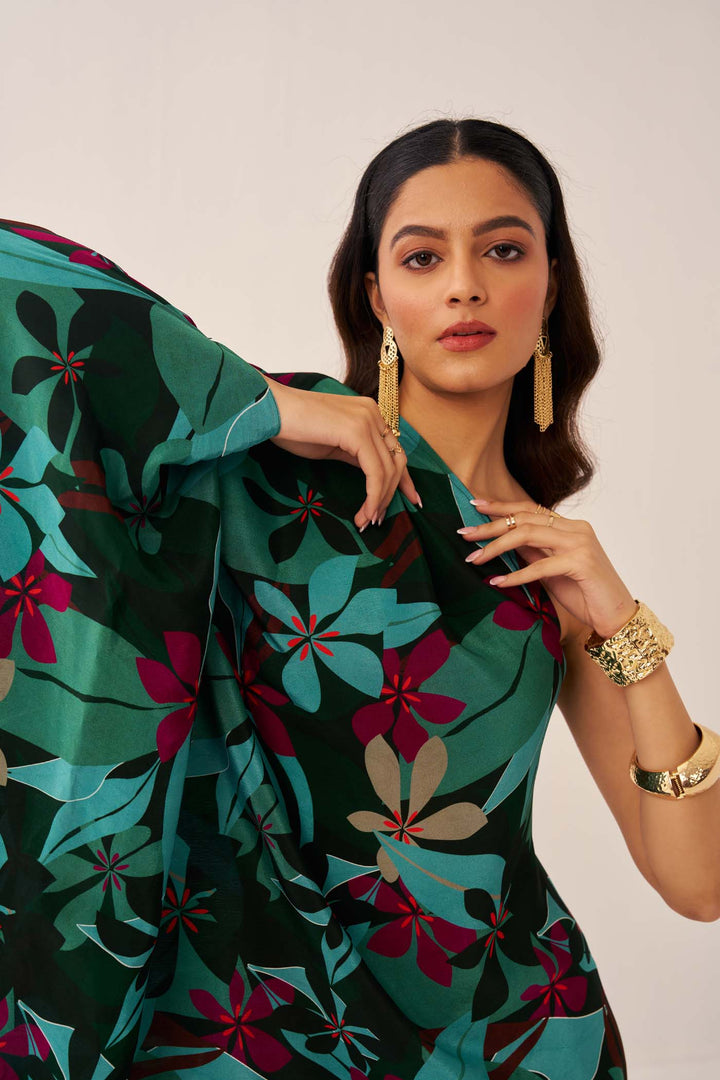 Green Tropical One-Shoulder Cowl Dress