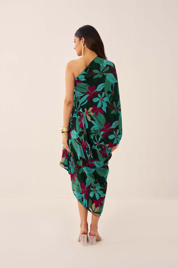 Green Tropical One-Shoulder Cowl Dress