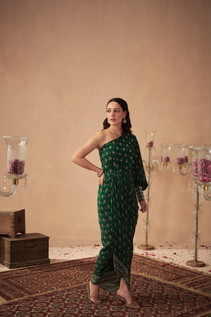 Green Booti Draped One-Shoulder Dress