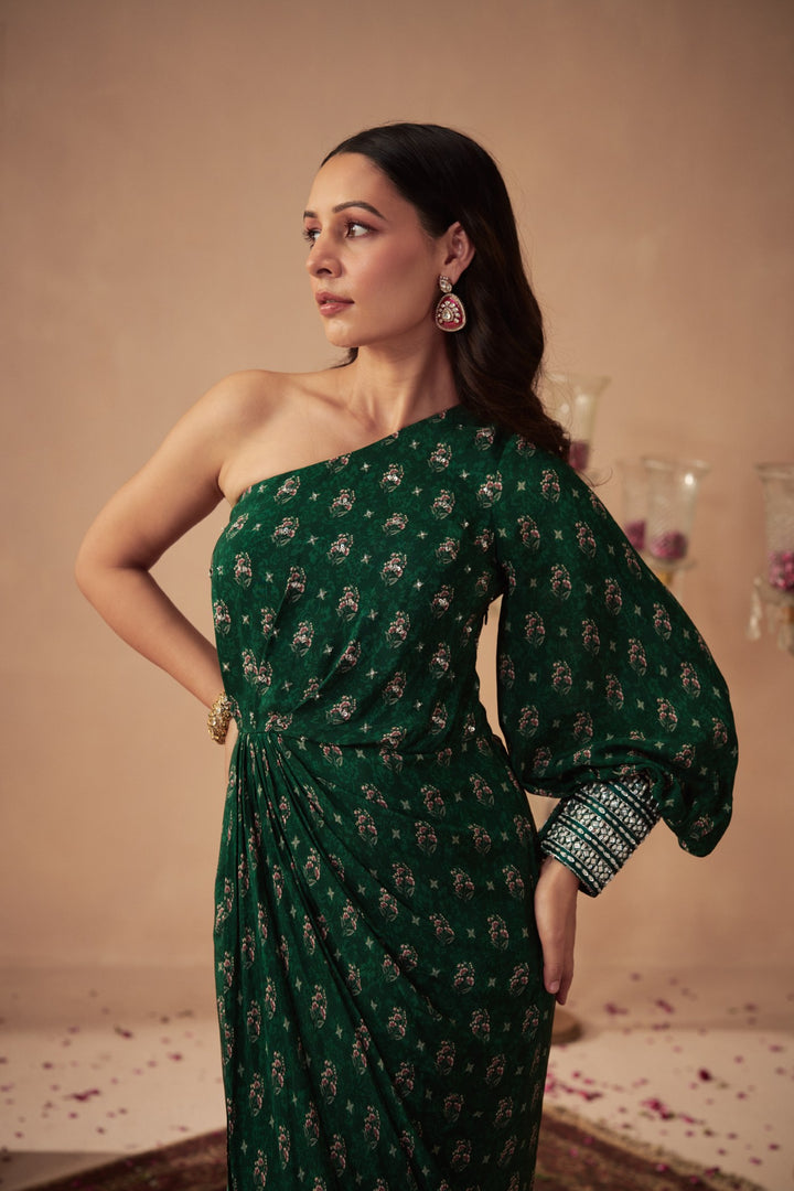 Green Booti Draped One-Shoulder Dress