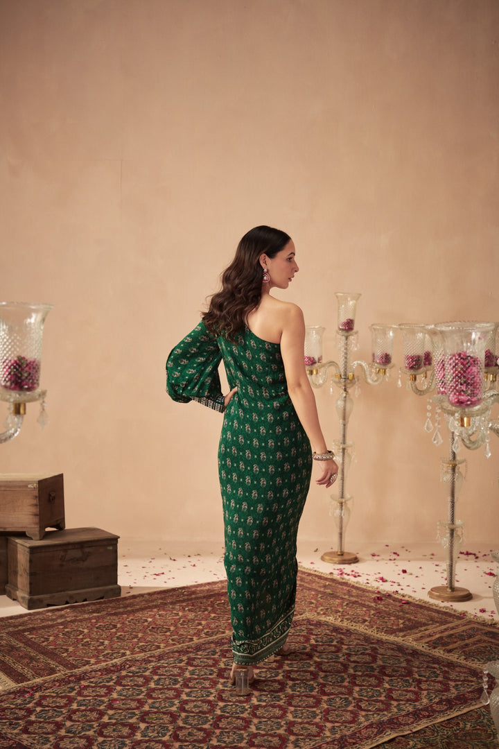 Green Booti Draped One-Shoulder Dress