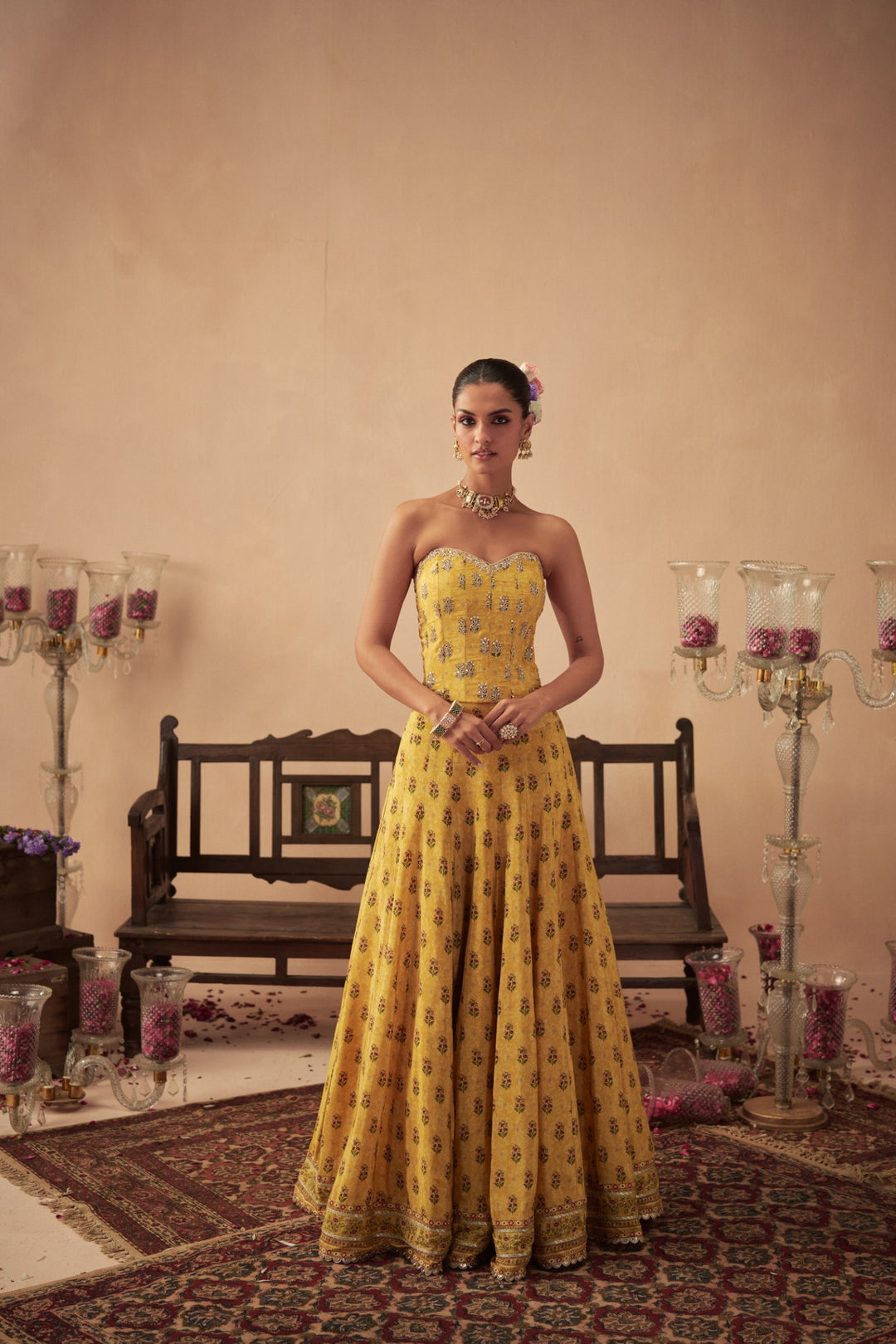 Yellow Booti Lehenga and Corset