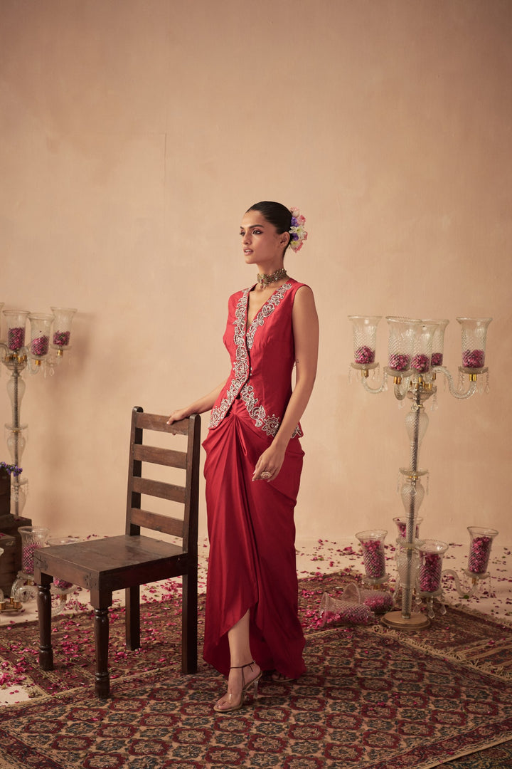Red Jacket with Draped Skirt