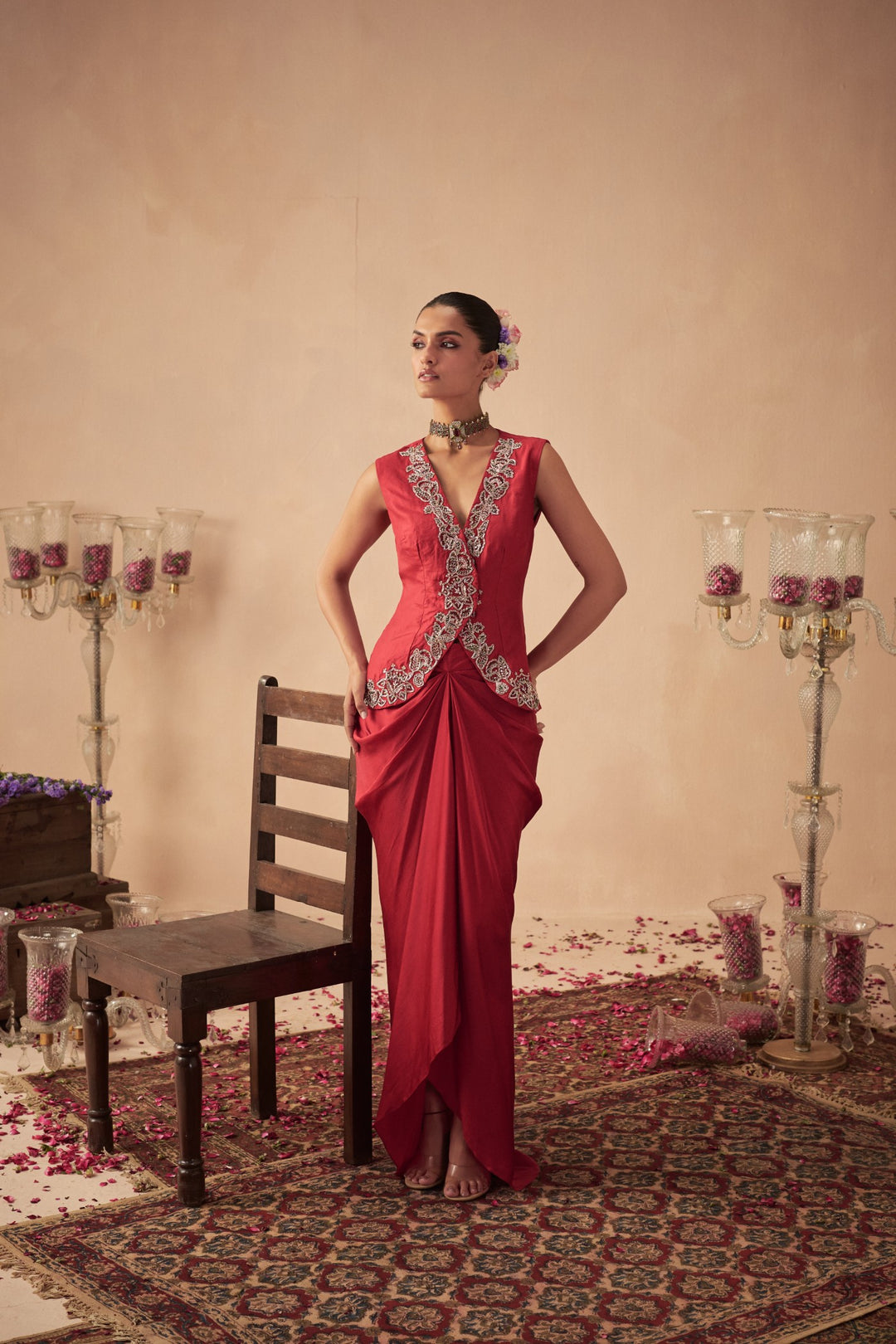 Red Jacket with Draped Skirt