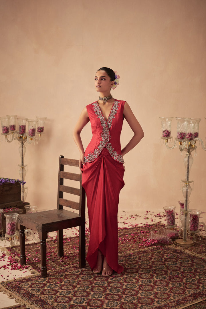 Red Jacket with Draped Skirt