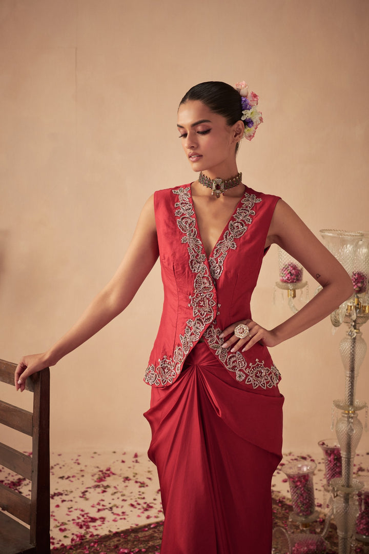 Red Jacket with Draped Skirt