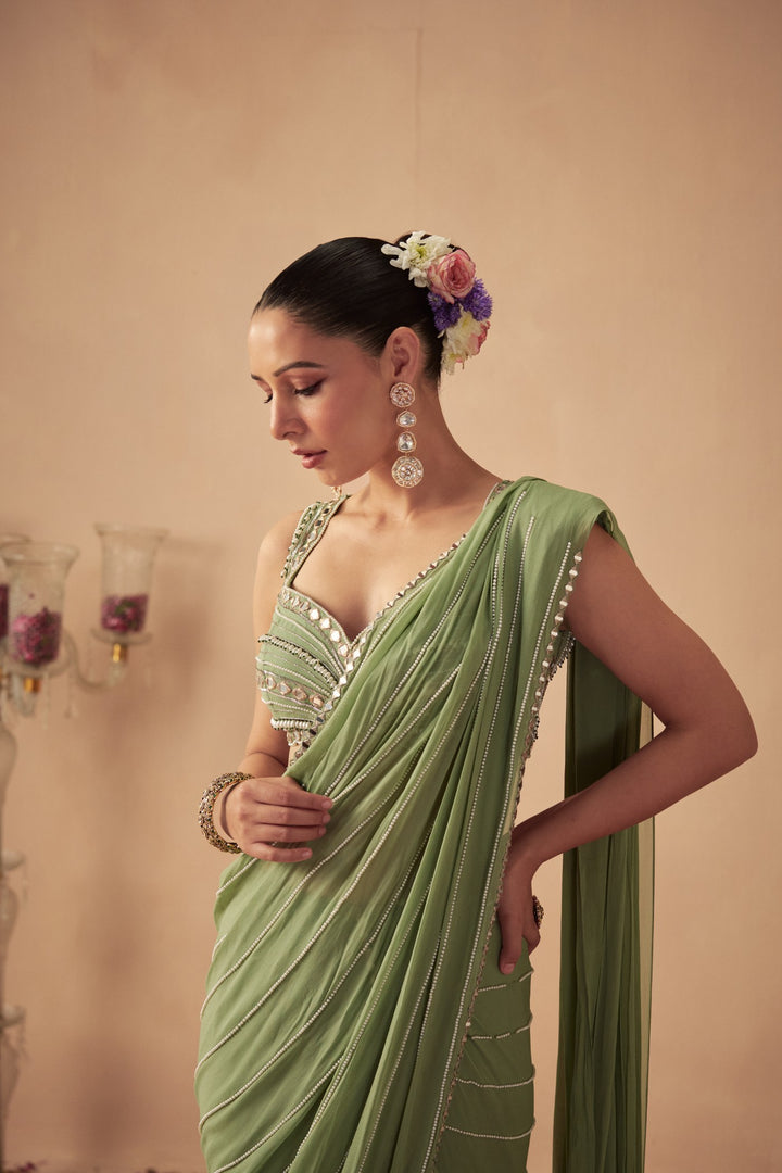 Sage Green Pre-Draped Saree