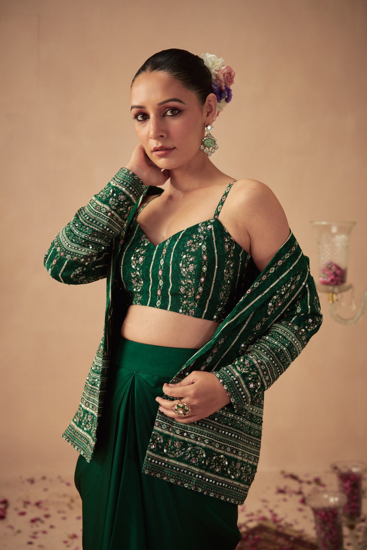 Green Vine Jacket with Draped Skirt and Bustier