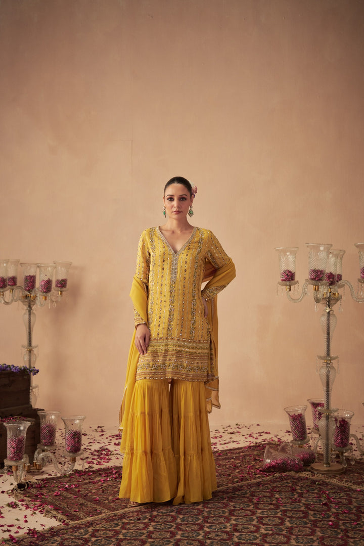 Yellow Vine Tiered Sharara Set
