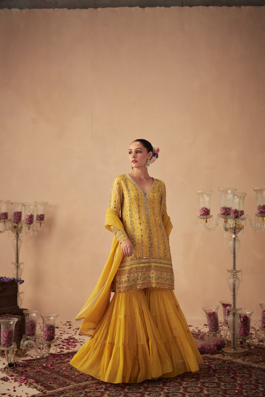Yellow Vine Tiered Sharara Set