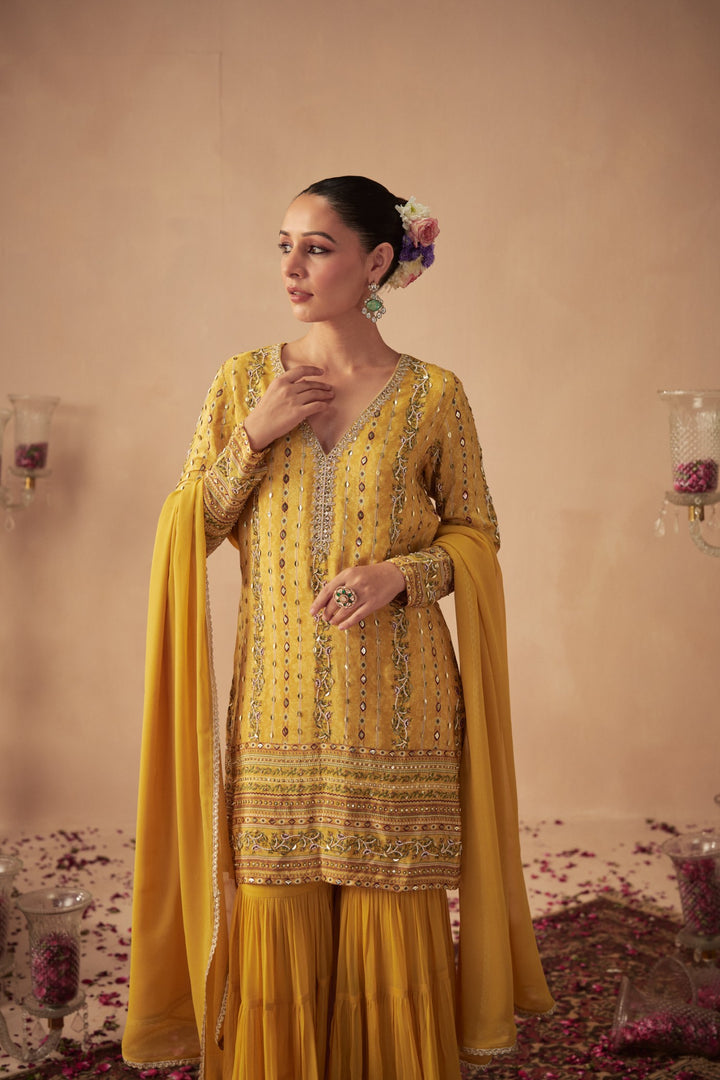 Yellow Vine Tiered Sharara Set