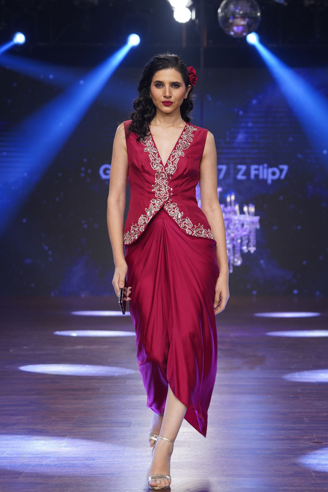 Red Jacket with Draped Skirt