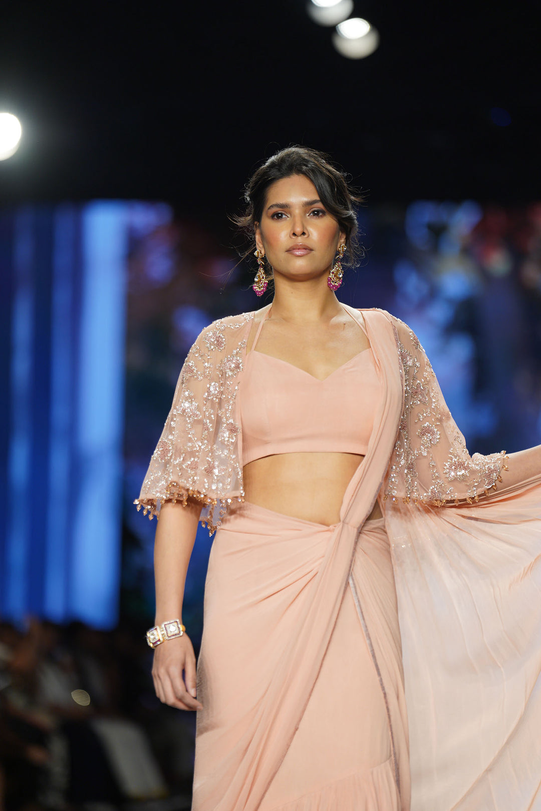 Pink Saree with Embroidered Cape