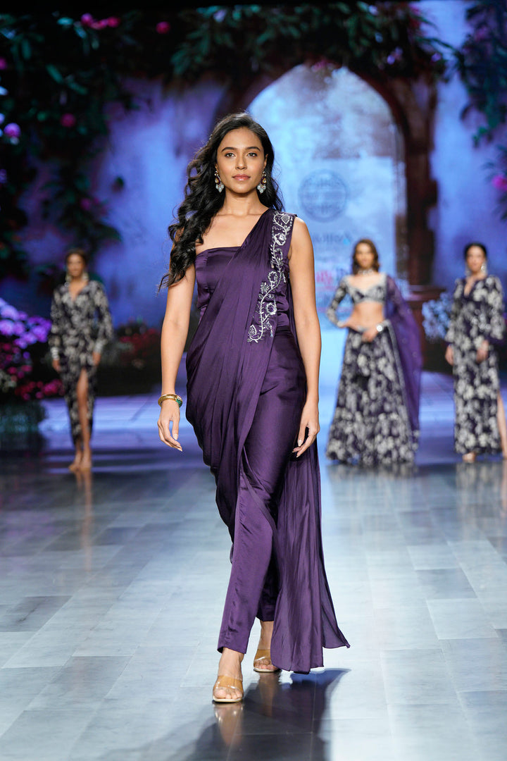 Purple Draped Saree with Pants