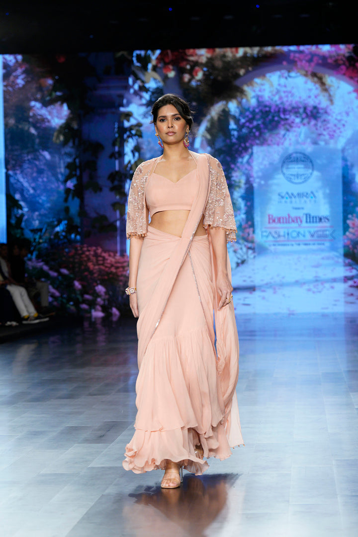 Pink Saree with Embroidered Cape