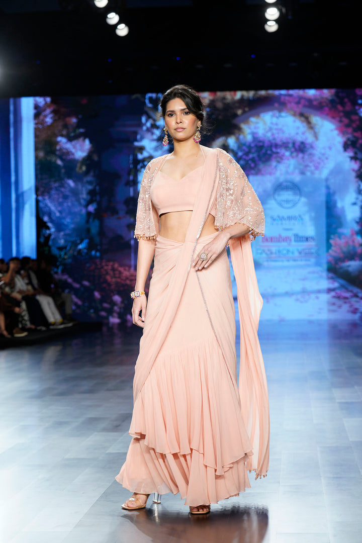 Pink Saree with Embroidered Cape