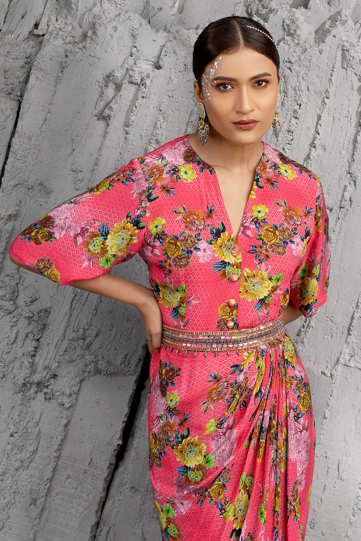Raspberry Printed Draped Dress