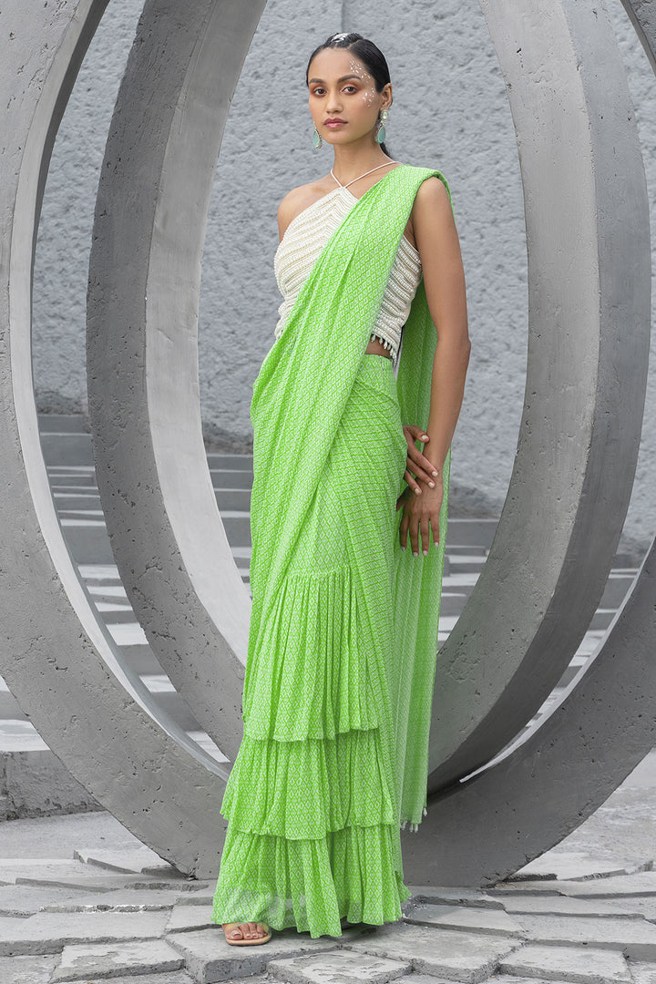 Lime Green Printed Pre-stitched Saree And Blouse
