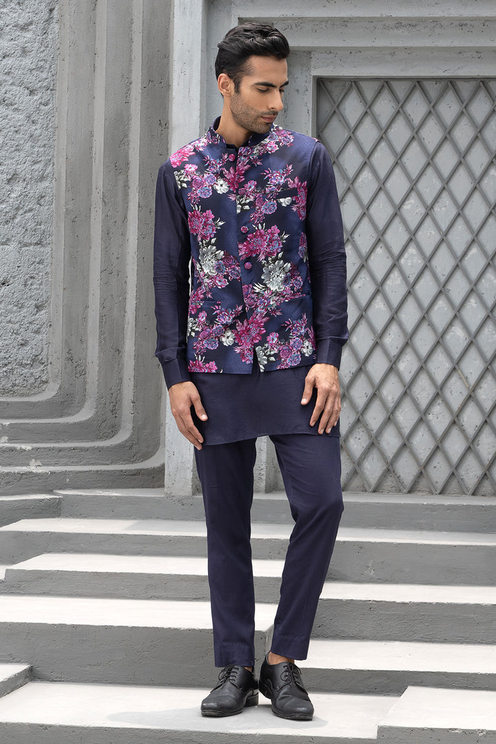 Navy Blue Kurta With Bundi