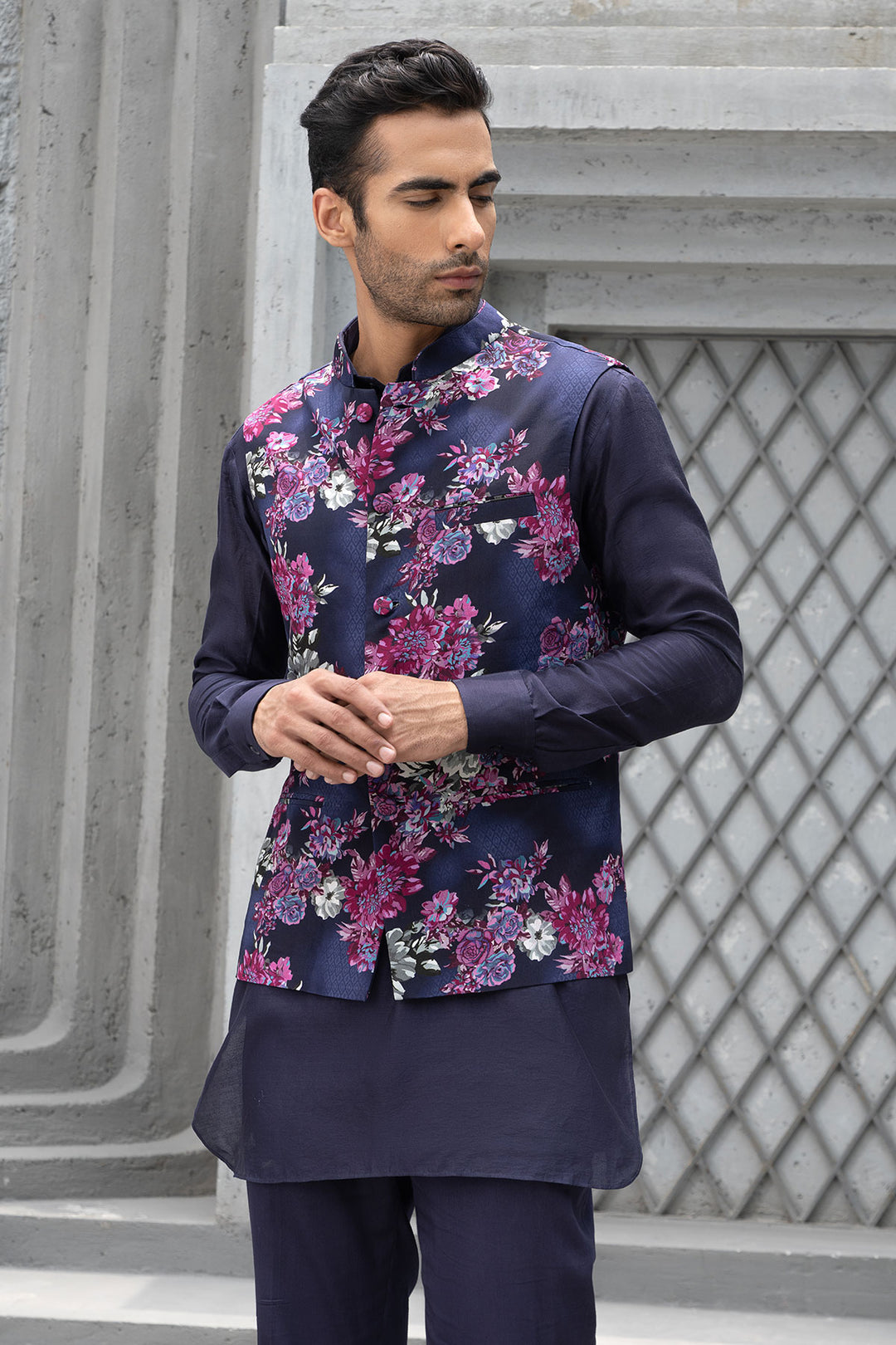 Navy Blue Kurta With Bundi