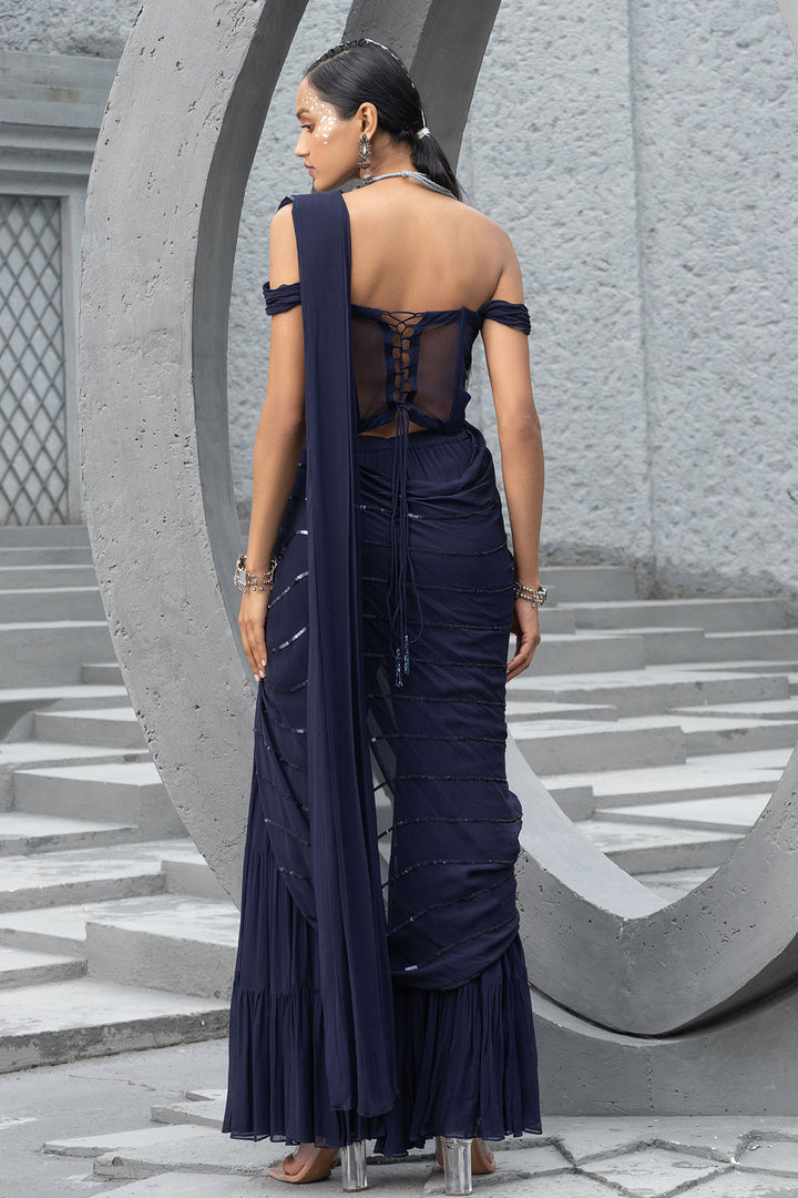 Navy Blue Sharara Saree With Corset
