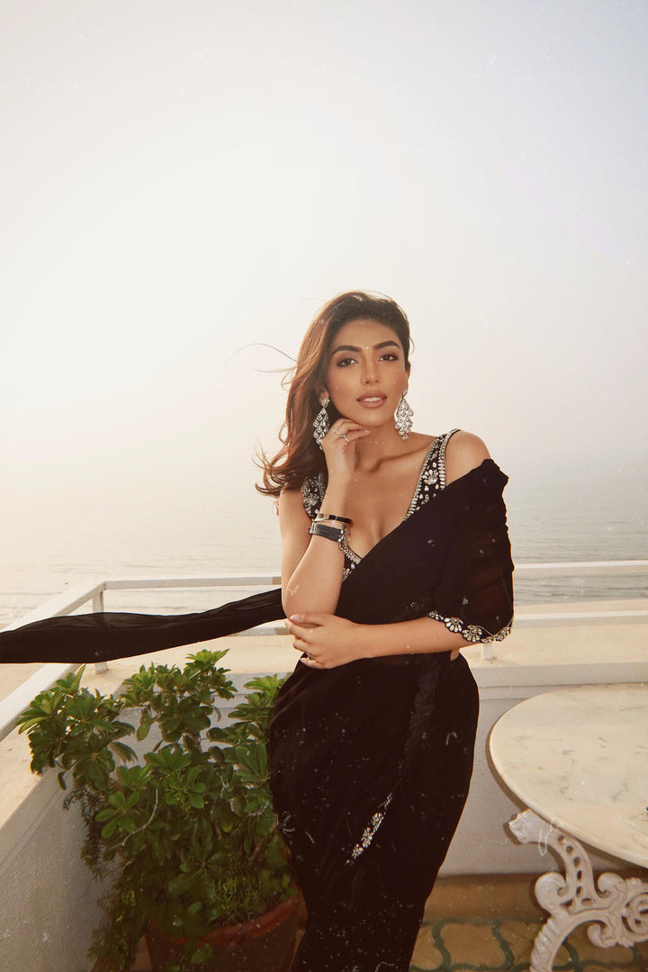 Mallaika Chheda in Black Mirror Work Saree