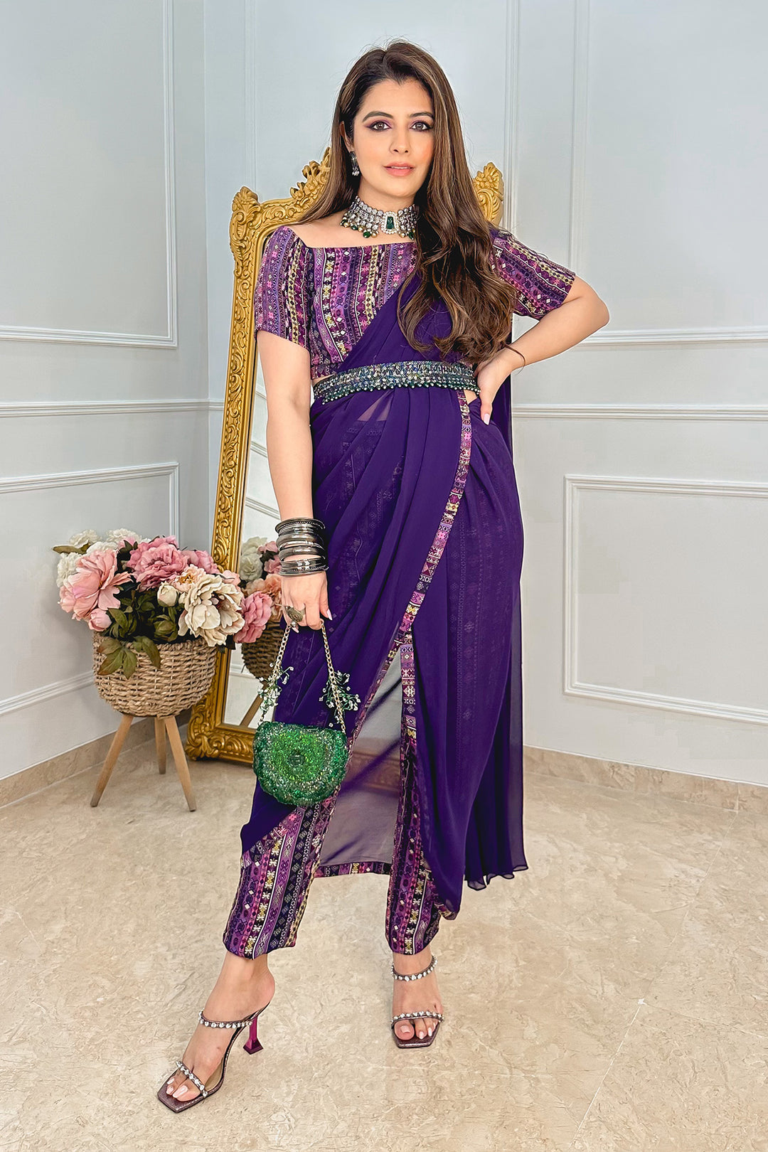 Influencer Natasha in Our Purple Printed Pant Saree