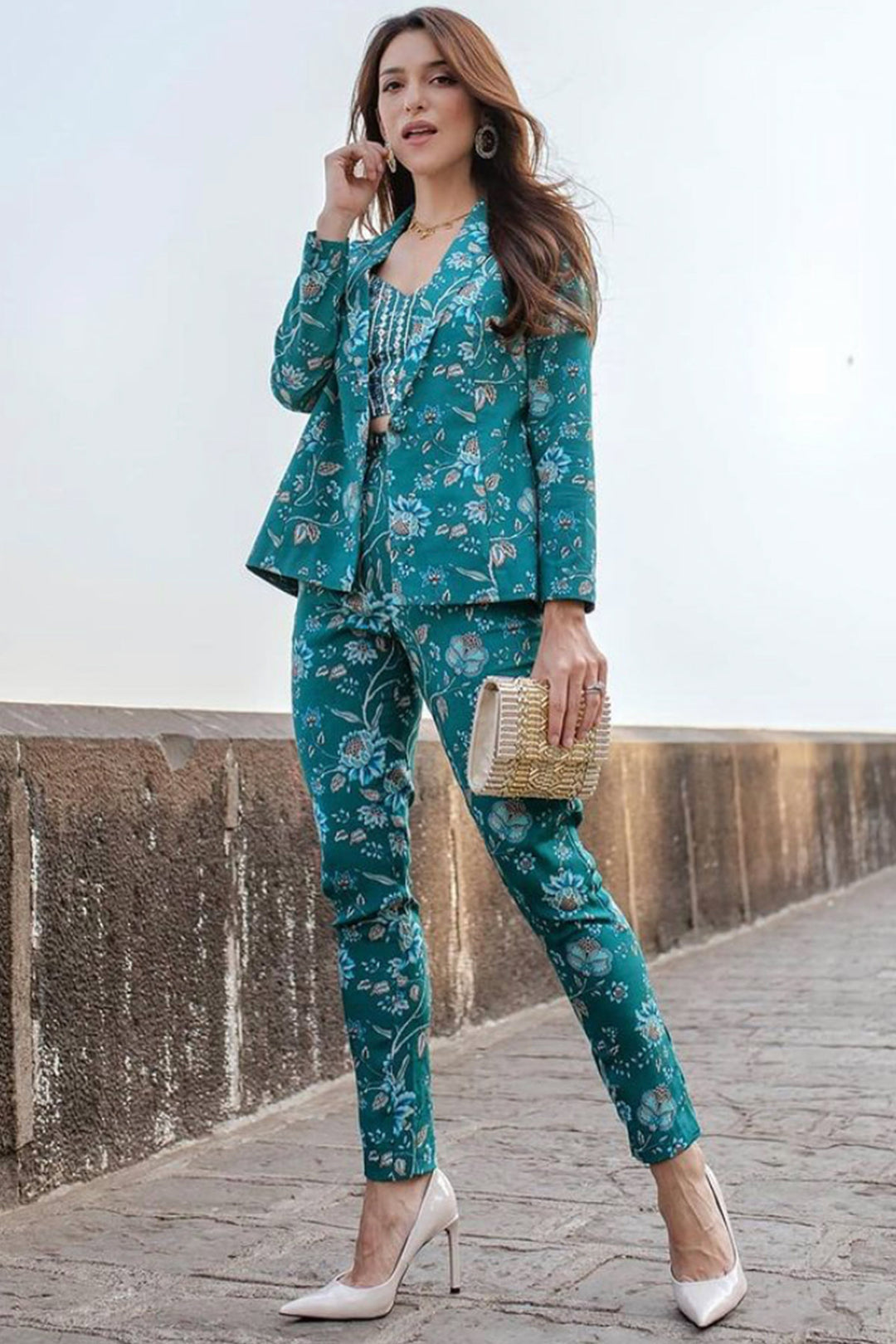 Influencer Maia Sethna In Our Teal Printed Pant Suit