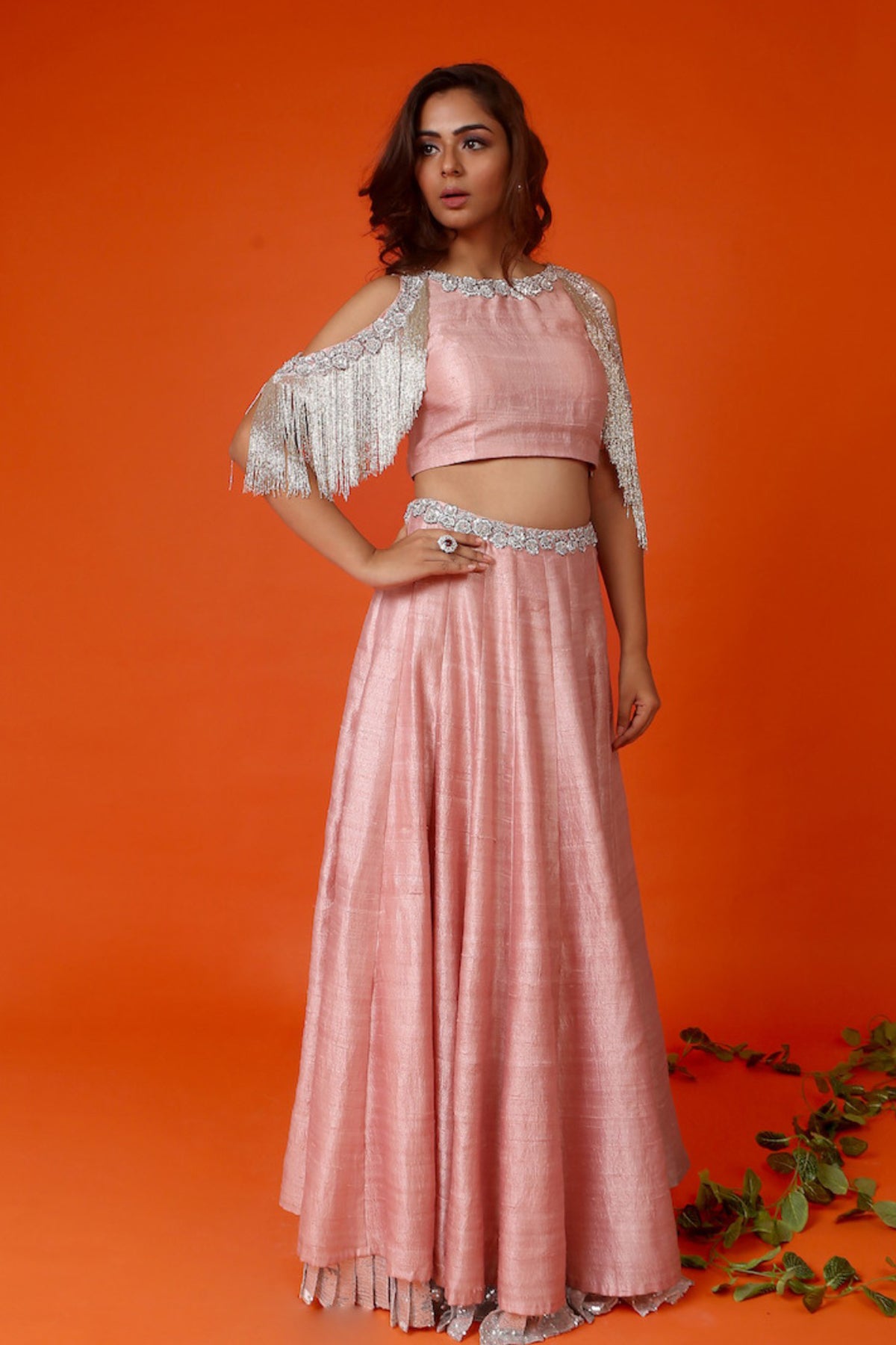 Shop Rose Pink Cold Shoulder Blouse With Lehenga Skirt Online