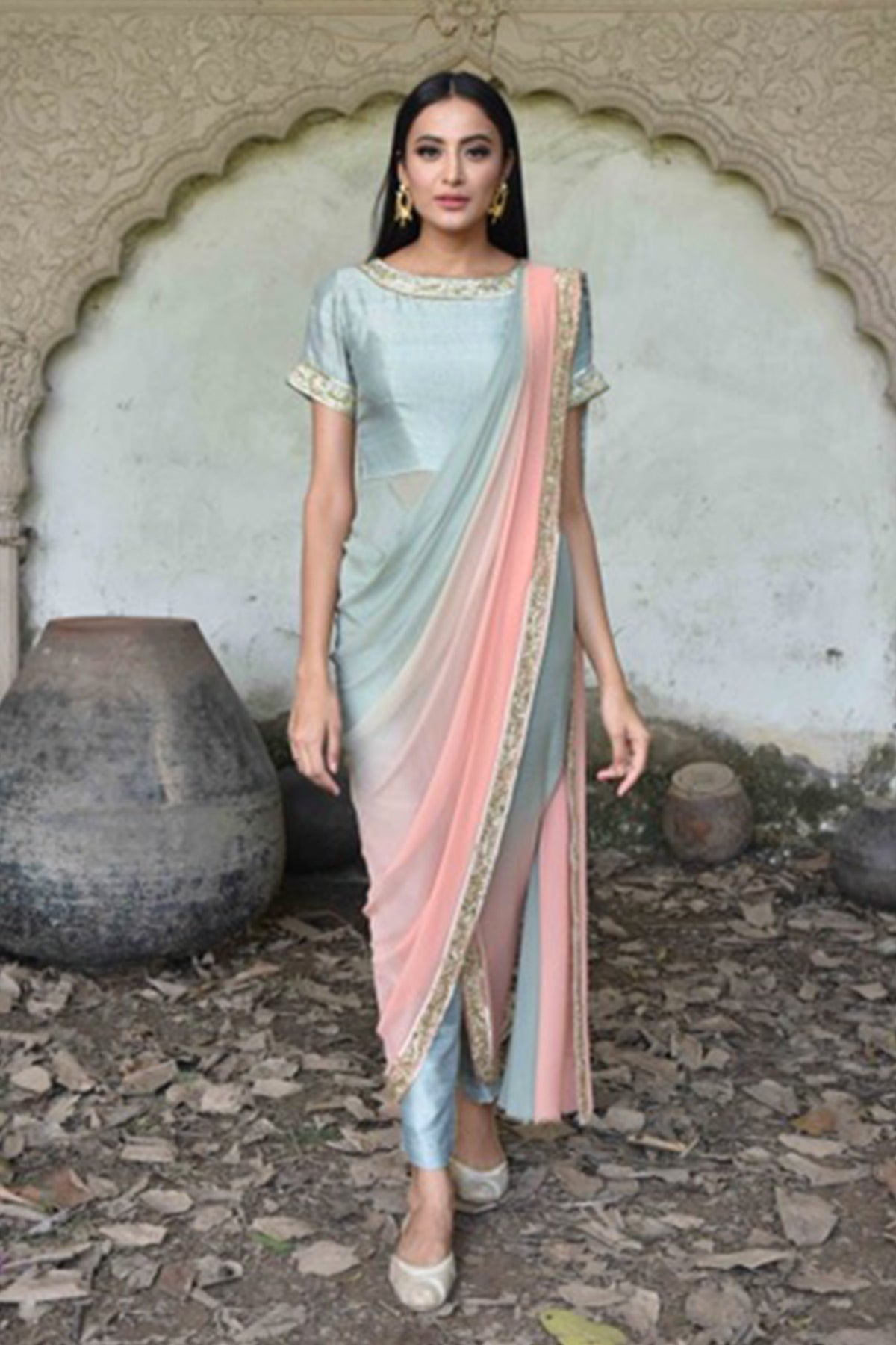 Peach And Sage Green Embroidered Drape Saree With Pants – Chhavvi Aggarwal