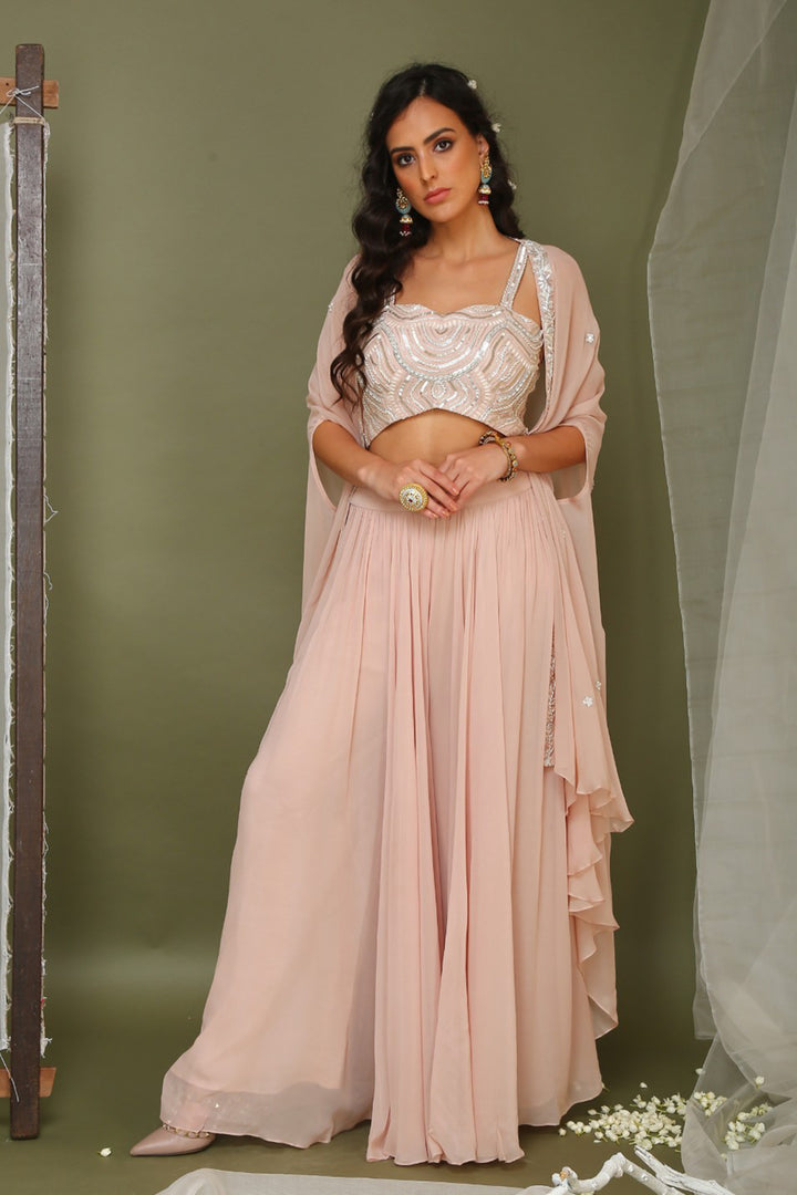 Light Pink Palazzo With Crop Blouse And Cape