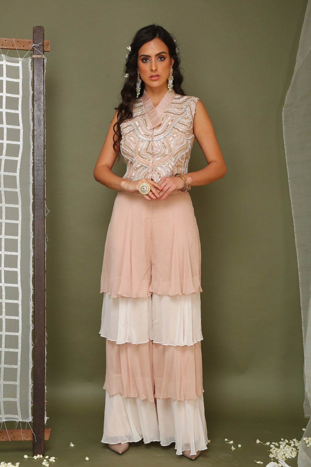 Light Pink Embroidered Jacket With Layered Pants