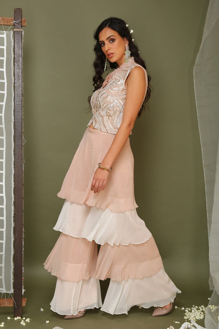 Light Pink Embroidered Jacket With Layered Pants