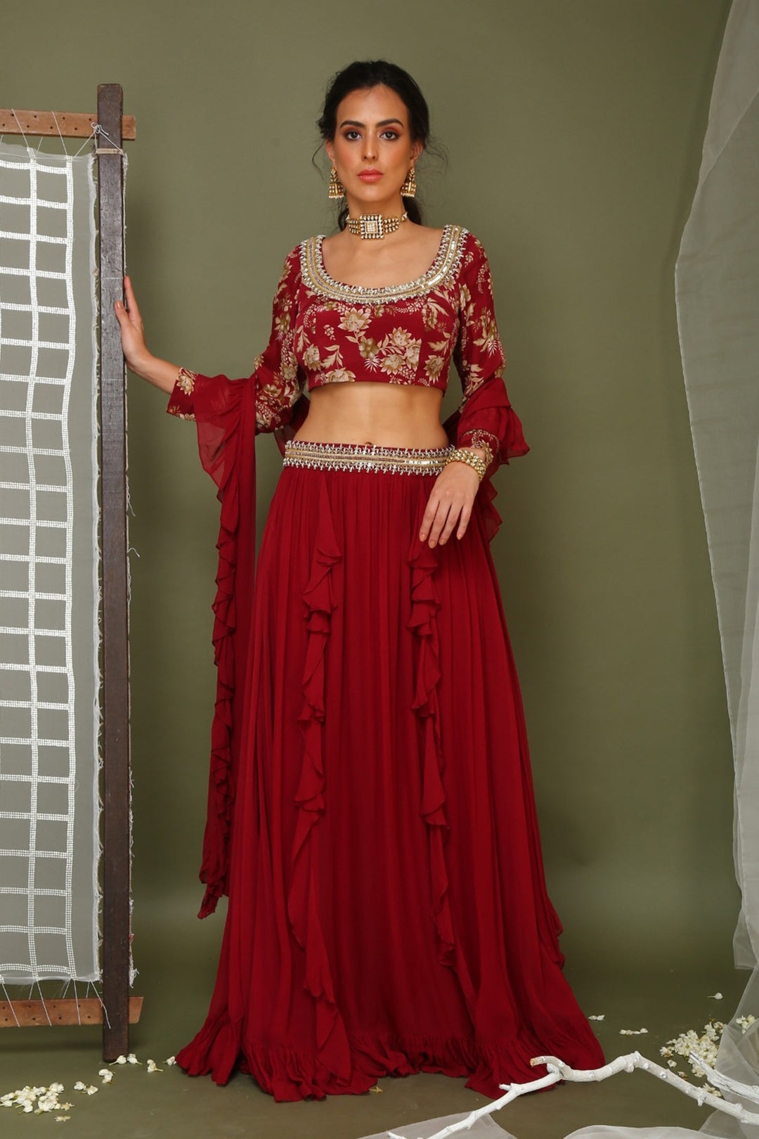 Maroon Printed Blouse And Lehenga Set