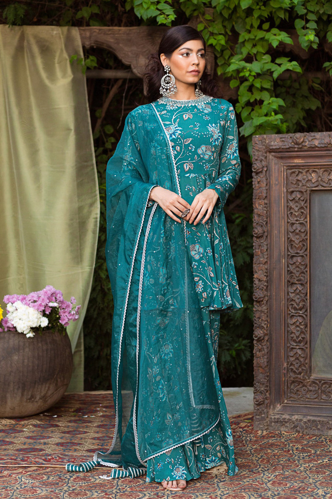 Teal Printed Sharara Set With Dupatta