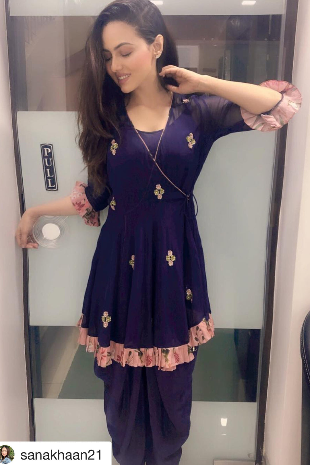 Actress Sana Khan In Navy Blue Embeoidered Kurta With Dhoti Pants And Inner