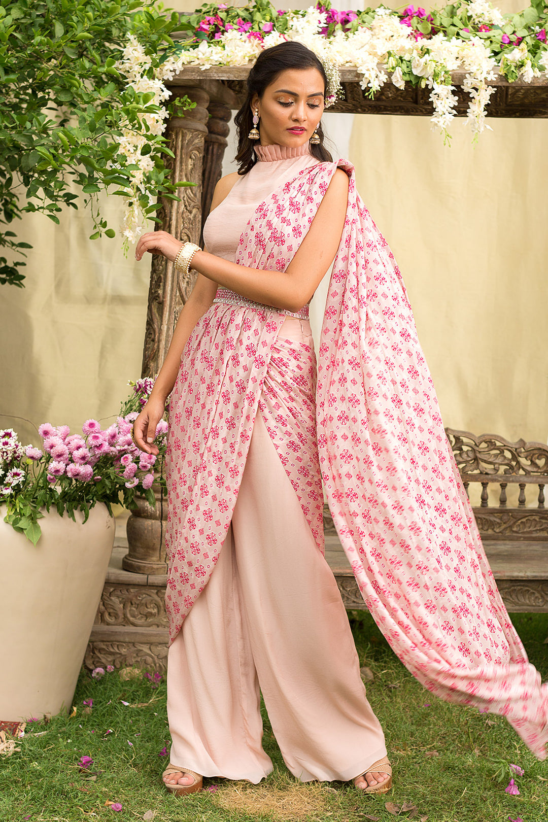 Light Pink Tribal Booti Pant Saree