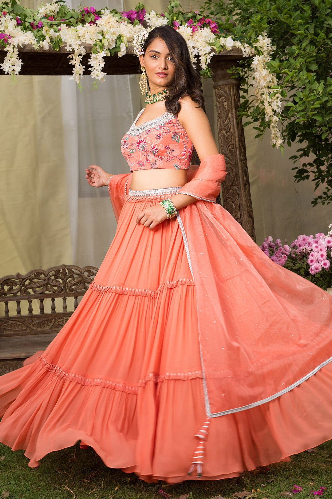 Coral Tiered Lehenga Set