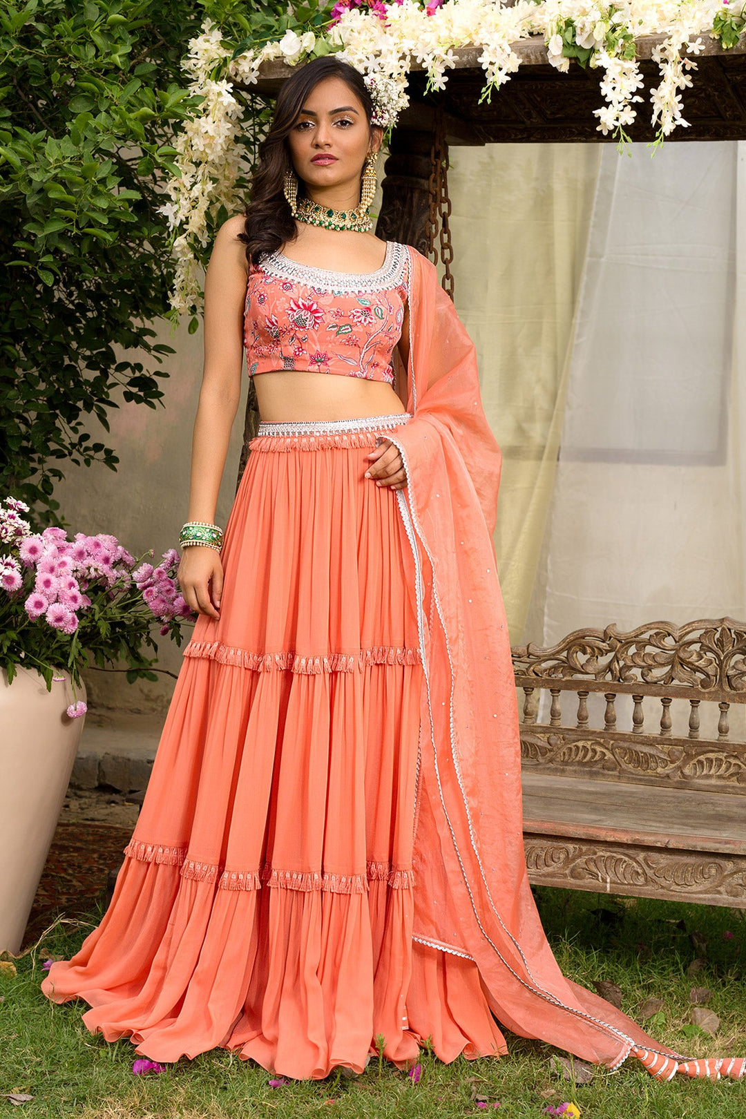 Coral Tiered Lehenga Set