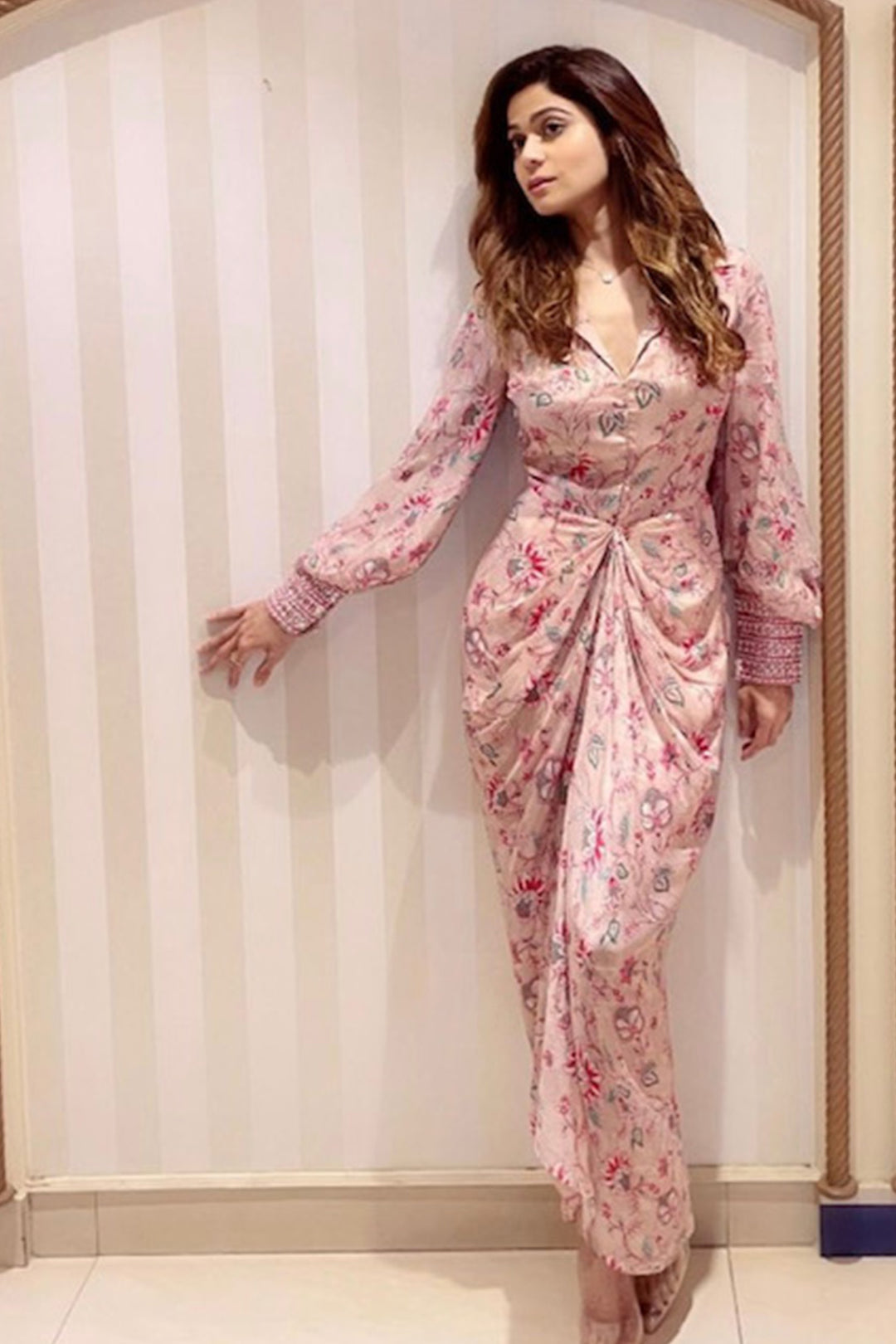 Actress Shamita Shetty In Light Pink Printed Drape Dress